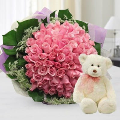 Teddy Bear with 50 Pink Roses