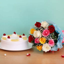 Pineapple Cake and Mixed Roses Combo